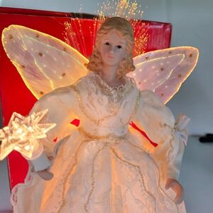 Vintage Fiber Optic Angel Christmas Tree Topper Retro Lace Gold Kitsch Y2K Glow